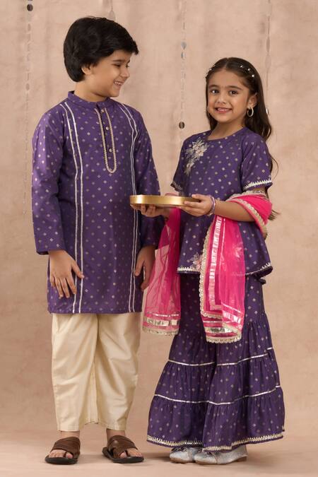 Lil Drama_Purple Cotton, Viscose, Chiffon Embroidery, Gota Floral Kurta Sharara Set _at_Aza_Fashions