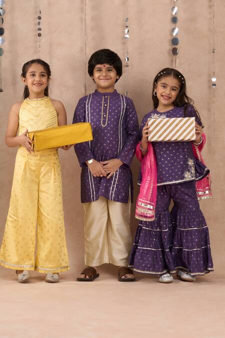 Lil Drama_Purple Viscose, Rayon Gota Patti, Foil Lace Embroidered Kurta And Pant Set _at_Aza_Fashions