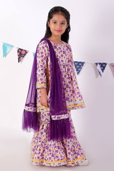 Lil Drama_Purple Kurta And Sharara 100% Cotton Printed Floral Set _Online_at_Aza_Fashions