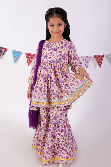 Buy_Lil Drama_Purple Kurta And Sharara 100% Cotton Printed Floral Set _Online_at_Aza_Fashions