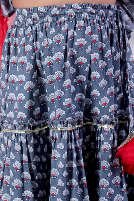 Shop Lil Drama Grey Cotton, Net Lace Floral Print Lehenga Set Online at Aza Fashions Shop_Lil Drama_Grey Cotton, Net Lace Floral Print Lehenga Set _Online_at_Aza_Fashions