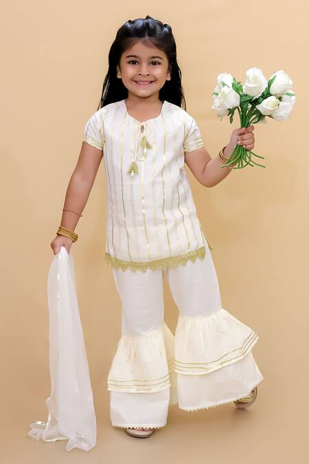 LIL DRAMA_White Cotton Tassels, Gota Patti Embroidered Kurta And Sharara Set _Online_at_Aza_Fashions
