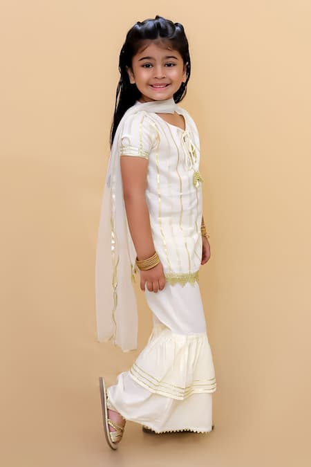 Buy_LIL DRAMA_White Cotton Tassels, Gota Patti Embroidered Kurta And Sharara Set _Online_at_Aza_Fashions