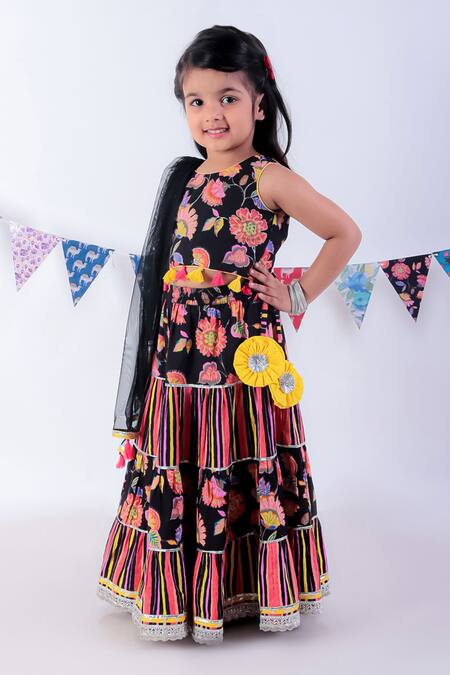Lil Drama_Black Cotton, Net Tassels, Embroidery Floral Print Blouse Lehenga Set _Online_at_Aza_Fashions