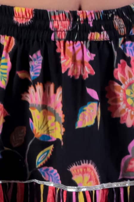 Buy_Lil Drama_Black Cotton, Net Tassels, Embroidery Floral Print Blouse Lehenga Set _Online_at_Aza_Fashions