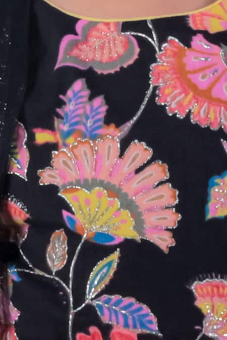 Shop_Lil Drama_Black Cotton, Net Tassels, Embroidery Floral Print Blouse Lehenga Set _Online_at_Aza_Fashions