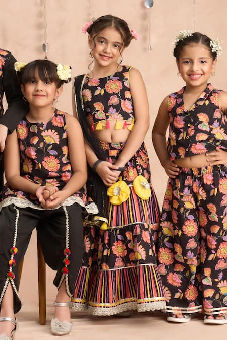 Lil Drama_Black Cotton, Net Tassels, Embroidery Floral Print Blouse Lehenga Set _at_Aza_Fashions
