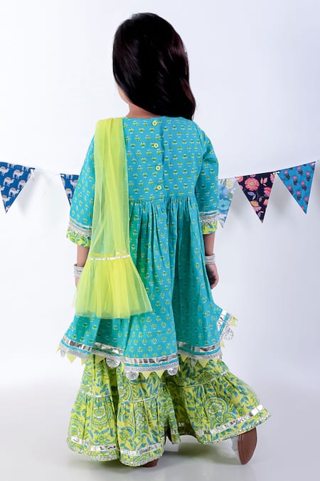 Shop Lil Drama Green Cotton, Net Sequins, Lace, Embroidery Floral Print Sharara Set at Aza Fashions Shop_Lil Drama_Green Cotton, Net Sequins, Lace, Embroidery Floral Print Sharara Set _at_Aza_Fashions
