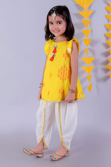 Lil Drama Yellow Muslin, Cotton Tassels, Janmashtami Embroidered Kurta With Dhoti Pant Online at Aza Fashions Lil Drama_Yellow Muslin, Cotton Tassels, Janmashtami Embroidered Kurta With Dhoti Pant _Online_at_Aza_Fashions