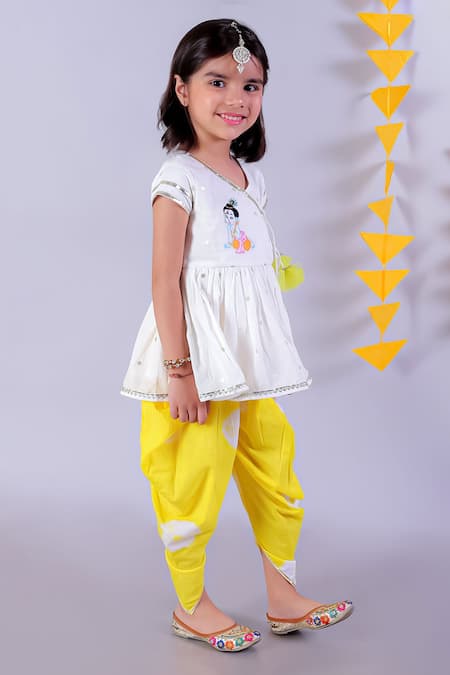 Lil Drama_White Cotton Janmashtami Embroidered Kurta With Tie And Dye Dhoti Pant_Online_at_Aza_Fashions