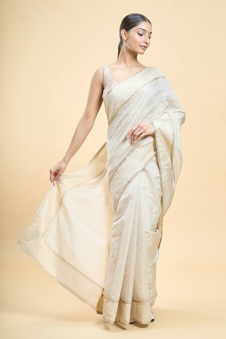 Buy_Samyukta Singhania_Beige Tissue Sequins Border Embroidered Saree_Online_at_Aza_Fashions