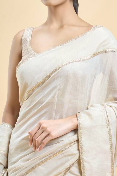 Buy_Samyukta Singhania_Beige Tissue Sequins Border Embroidered Saree