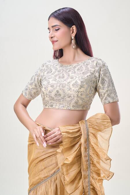 Samyukta Singhania Cream Net Sequins, Zari Round Neck Embroidered Saree Blouse Online at Aza Fashions Samyukta Singhania_Cream Net Sequins, Zari Round Neck Embroidered Saree Blouse_Online_at_Aza_Fashions
