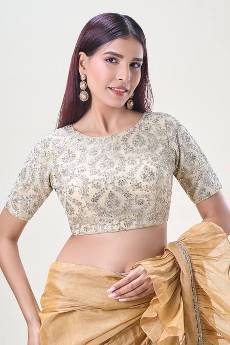 Buy Samyukta Singhania Cream Net Sequins, Zari Round Neck Embroidered Saree Blouse Online at Aza Fashions Buy_Samyukta Singhania_Cream Net Sequins, Zari Round Neck Embroidered Saree Blouse_Online_at_Aza_Fashions