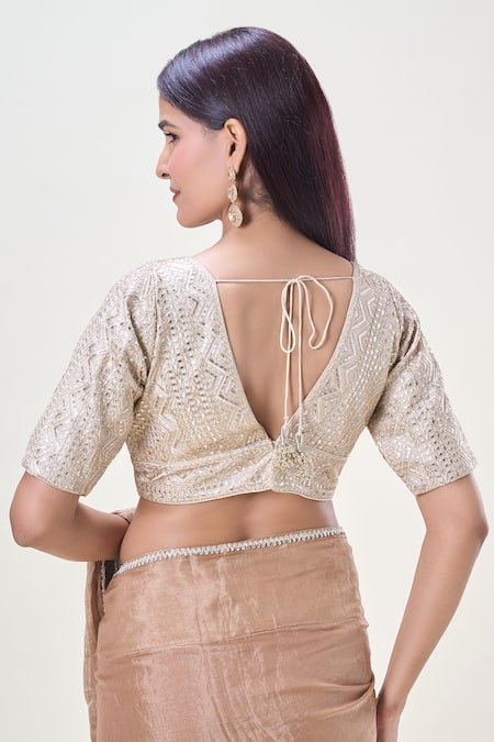 Shop Samyukta Singhania Beige Silk Gota Patti, Zari Plunge Neck Embellished Saree Blouse at Aza Fashions Shop_Samyukta Singhania_Beige Silk Gota Patti, Zari Plunge Neck Embellished Saree Blouse_at_Aza_Fashions
