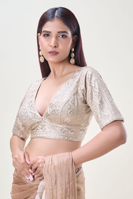 Samyukta Singhania Beige Silk Gota Patti, Zari Plunge Neck Embellished Saree Blouse Online at Aza Fashions Samyukta Singhania_Beige Silk Gota Patti, Zari Plunge Neck Embellished Saree Blouse_Online_at_Aza_Fashions