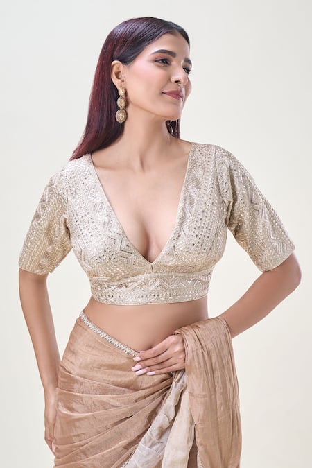 Buy Samyukta Singhania Beige Silk Gota Patti, Zari Plunge Neck Embellished Saree Blouse Online at Aza Fashions Buy_Samyukta Singhania_Beige Silk Gota Patti, Zari Plunge Neck Embellished Saree Blouse_Online_at_Aza_Fashions