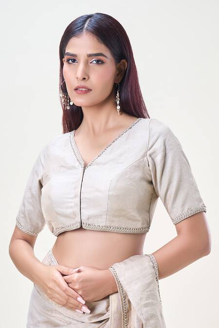 Samyukta Singhania_Beige Tissue Sequins, Lace V-neck Border Embellished Saree Blouse_Online_at_Aza_Fashions