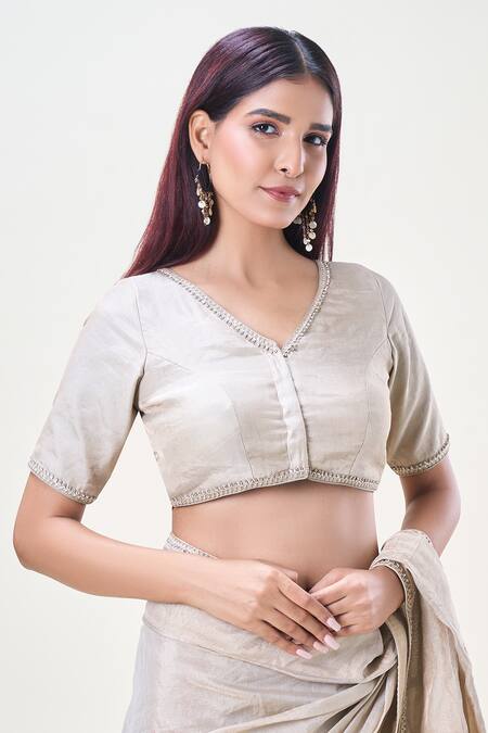 Buy_Samyukta Singhania_Beige Tissue Sequins, Lace V-neck Border Embellished Saree Blouse_Online_at_Aza_Fashions