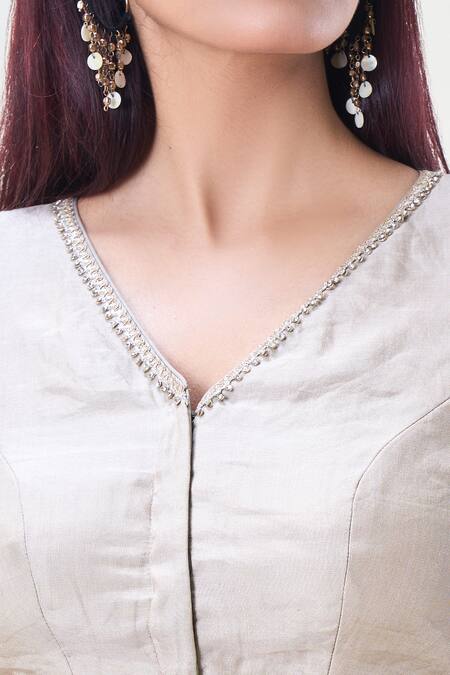 Shop_Samyukta Singhania_Beige Tissue Sequins, Lace V-neck Border Embellished Saree Blouse_Online_at_Aza_Fashions