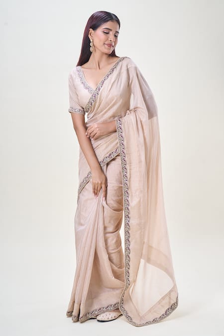 Samyukta Singhania_Beige Tissue, Chanderi Silk Sequins, Zari Border Embroidered Saree With Blouse_Online_at_Aza_Fashions