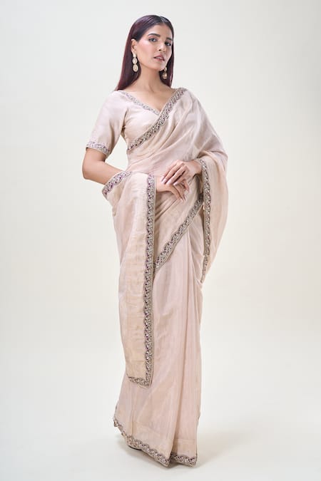 Buy_Samyukta Singhania_Beige Tissue, Chanderi Silk Sequins, Zari Border Embroidered Saree With Blouse_Online_at_Aza_Fashions