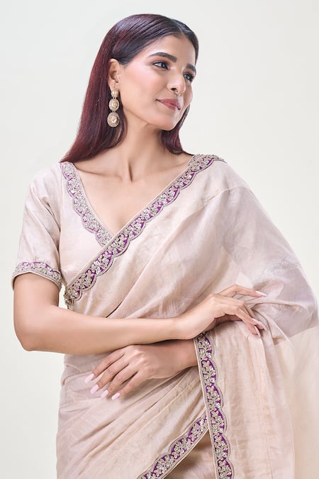 Shop_Samyukta Singhania_Beige Tissue, Chanderi Silk Sequins, Zari Border Embroidered Saree With Blouse_Online_at_Aza_Fashions