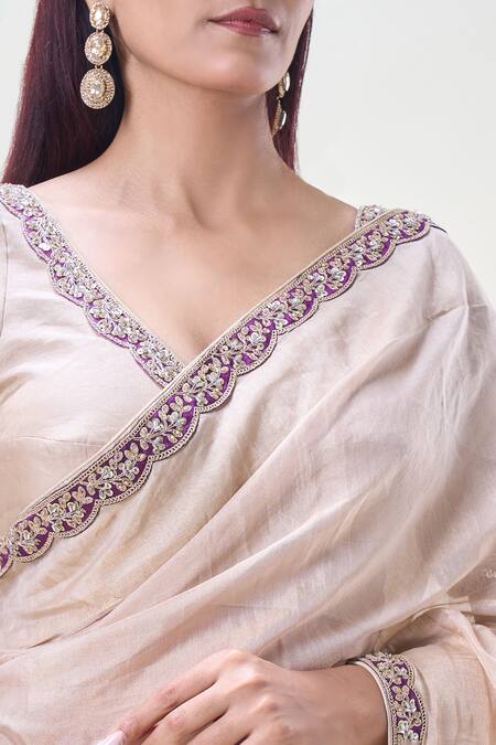 Samyukta Singhania_Beige Tissue, Chanderi Silk Sequins, Zari Border Embroidered Saree With Blouse_at_Aza_Fashions