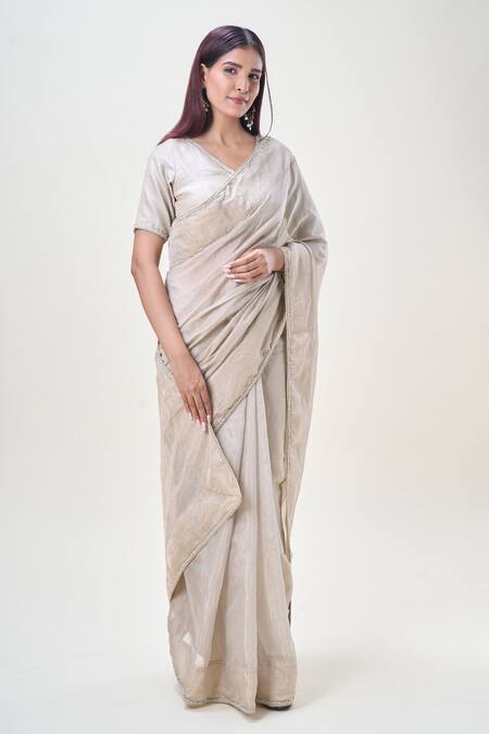 Buy_Samyukta Singhania_Beige Tissue Zari, Stones V-neck Embroidered Saree With Blouse_Online_at_Aza_Fashions