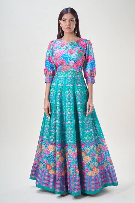 Samyukta Singhania_Blue Denim, Chiffon, Nylon Embroidery Floral Bloom Print Anarkali With Dupatta_Online_at_Aza_Fashions