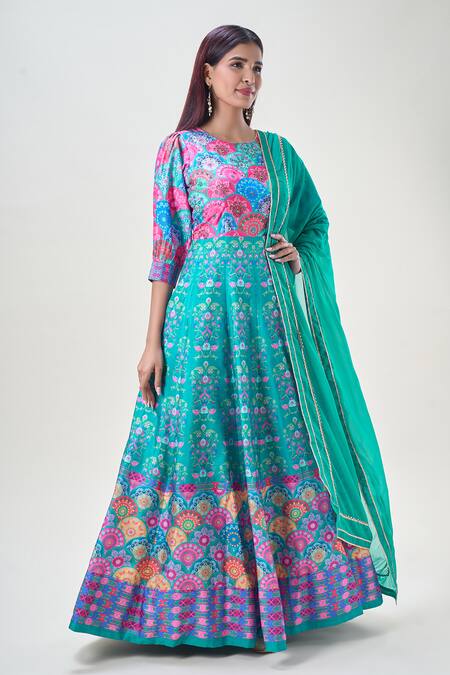 Buy_Samyukta Singhania_Blue Denim, Chiffon, Nylon Embroidery Floral Bloom Print Anarkali With Dupatta_Online_at_Aza_Fashions