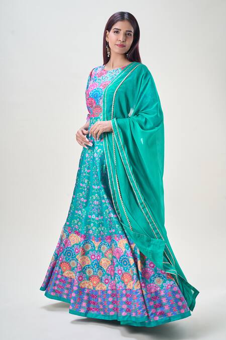 Shop_Samyukta Singhania_Blue Denim, Chiffon, Nylon Embroidery Floral Bloom Print Anarkali With Dupatta_Online_at_Aza_Fashions