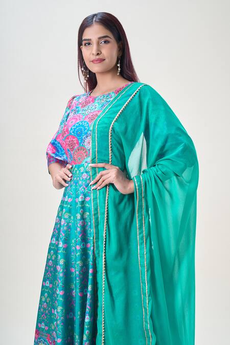 Samyukta Singhania_Blue Denim, Chiffon, Nylon Embroidery Floral Bloom Print Anarkali With Dupatta_at_Aza_Fashions