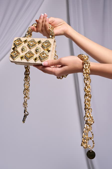 Papa Don't Preach Accessories Beige Glass Stone Gilded Glimmer Chainlink Belt Bag 