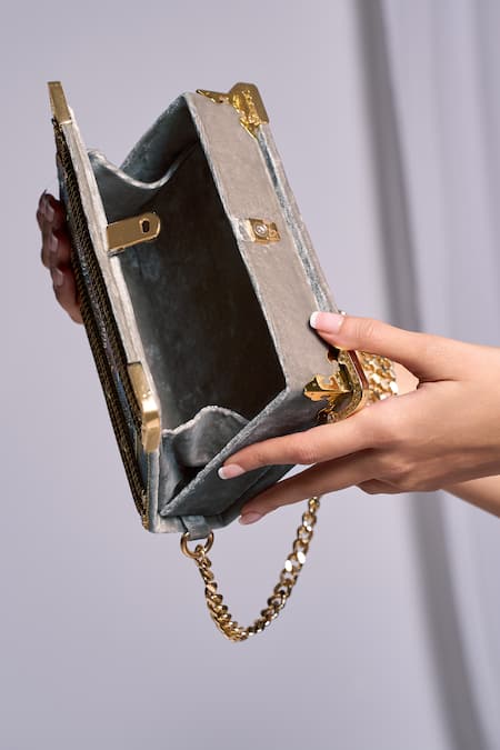 Papa Don't Preach Accessories_Grey Embroidery, Chains Legend Of Love Sling Bag _Online_at_Aza_Fashions