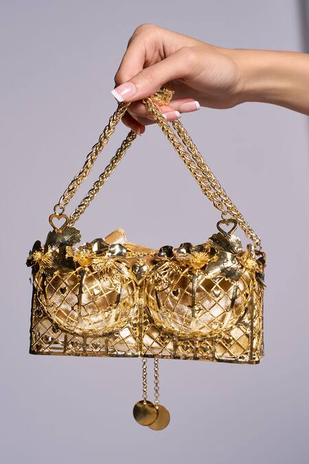 Papa Don't Preach Accessories_Gold Mini Bra Bag _Online_at_Aza_Fashions