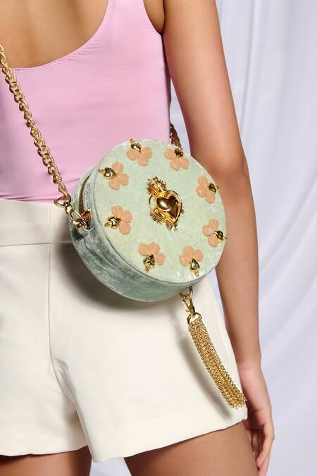 Shop Papa Don't Preach Accessories Green Diamonds Heartstrings Crossbody Bag at Aza Fashions Shop_Papa Don't Preach Accessories_Green Diamonds Heartstrings Crossbody Bag_at_Aza_Fashions