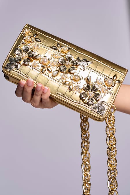 Papa Don't Preach Accessories Gold 24k Plated Motifs 3d Floral Applique Bag 