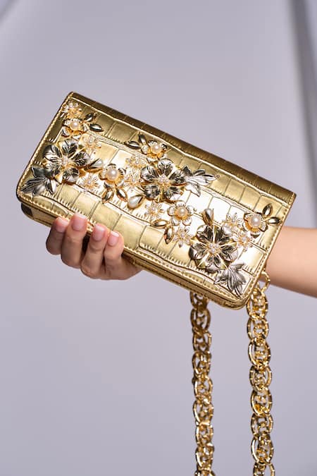 Papa Don't Preach Accessories Floral Applique Gold Handbag 