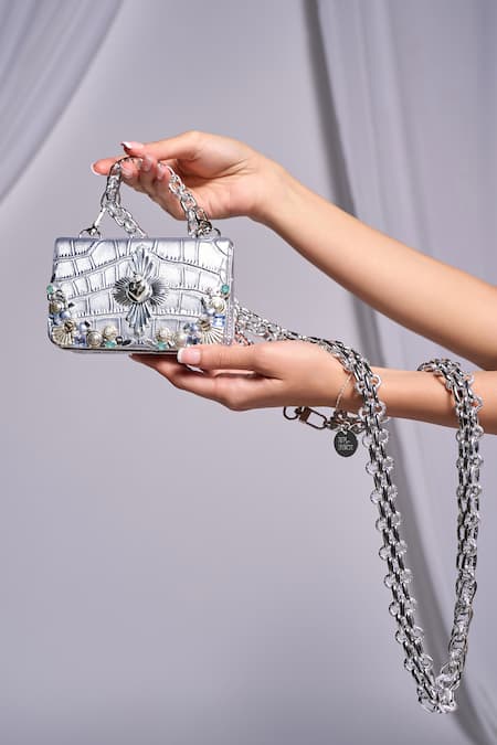 Papa Don't Preach Accessories Silver Swarovski Pearls Chainlink Belt Bag 