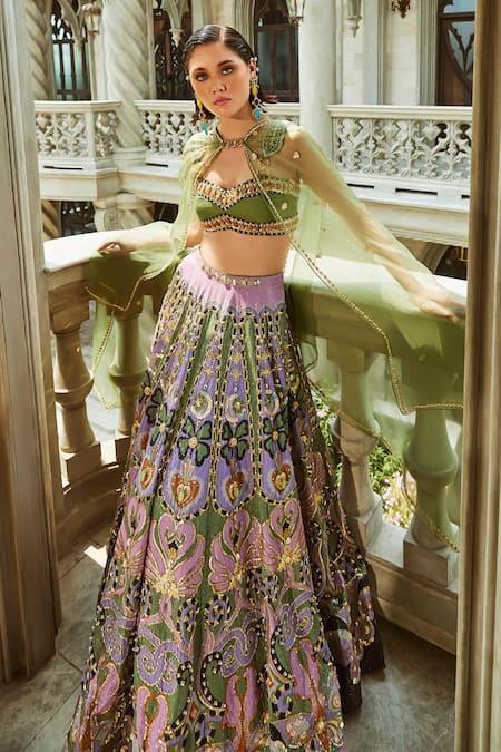 Papa Don't Preach Green Sequin Embroidered Gold Chains Sweetheart Celtic Hearts Lehenga Set 