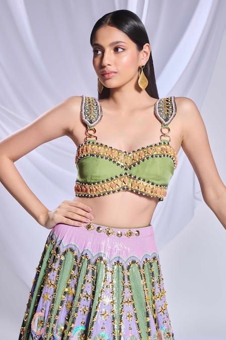 Buy_Papa Don't Preach_Green Silk, Organza Pearls, Crystals, Celtic Hearts Embroidered Lehenga Set _Online_at_Aza_Fashions