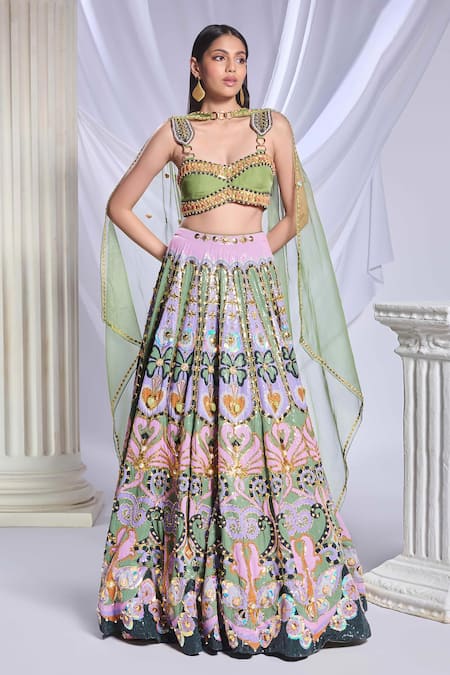 Shop_Papa Don't Preach_Green Silk, Organza Pearls, Crystals, Celtic Hearts Embroidered Lehenga Set _Online_at_Aza_Fashions