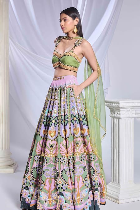 Papa Don't Preach_Green Silk, Organza Pearls, Crystals, Celtic Hearts Embroidered Lehenga Set _at_Aza_Fashions