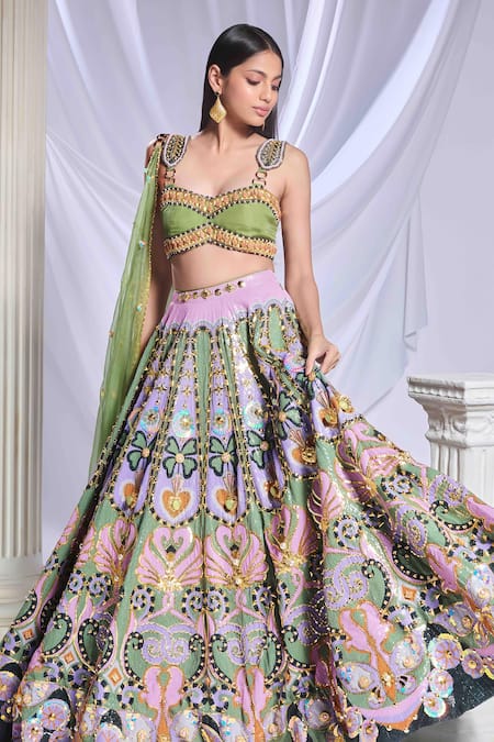 Buy_Papa Don't Preach_Green Silk, Organza Pearls, Crystals, Celtic Hearts Embroidered Lehenga Set 