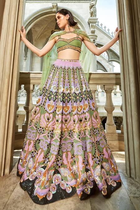 Shop_Papa Don't Preach_Green Silk, Organza Pearls, Crystals, Celtic Hearts Embroidered Lehenga Set 