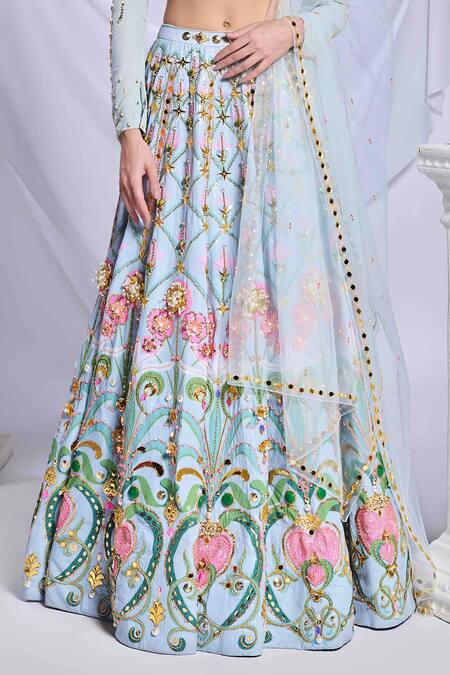 Shop_Papa Don't Preach_Blue Silk, Tulle Pearls, Crystals, Mint Mystique Embroidered Lehenga Set _Online_at_Aza_Fashions