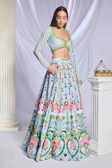 Papa Don't Preach_Blue Silk, Tulle Pearls, Crystals, Mint Mystique Embroidered Lehenga Set _at_Aza_Fashions