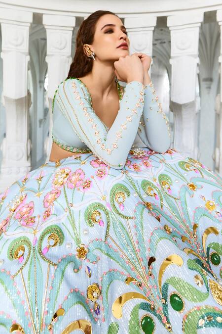 Shop_Papa Don't Preach_Blue Silk, Tulle Pearls, Crystals, Mint Mystique Embroidered Lehenga Set 