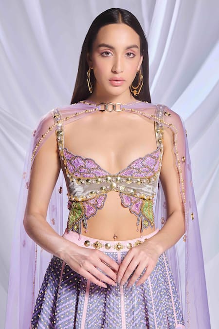 Buy_Papa Don't Preach_Peach Silk, Velvet, Tulle Pearls, Crystals, Dear Dahlia Embroidered Lehenga Set _Online_at_Aza_Fashions